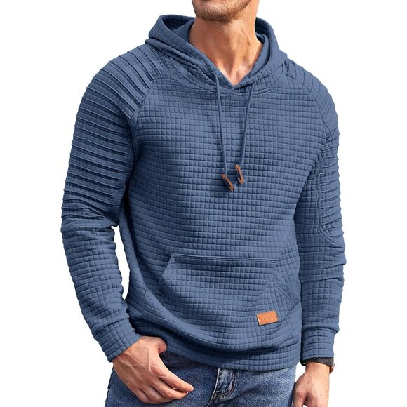 Other - Men's Grey Blue Hoodie Pullover Casual Long Sleeve Drawstring Waffle Sweatshirt